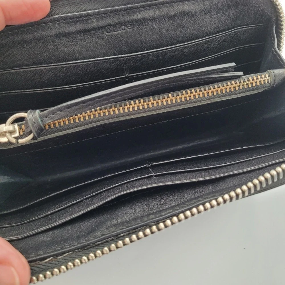 Chloe Black Leather Patent Trim Zip Around Continental Wallet Made in Spain